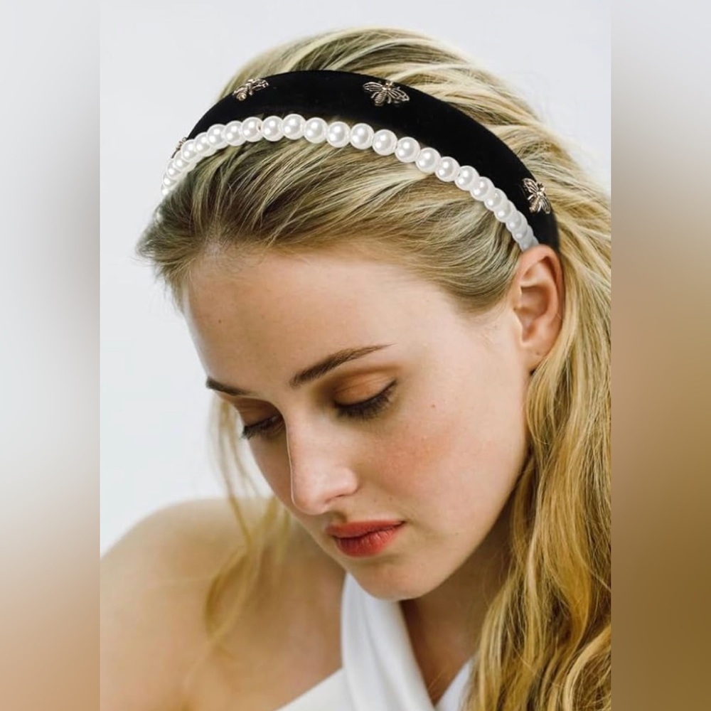 NWT Black Velvet Headband with Pearl Headband for Women - Picture 5 of 7